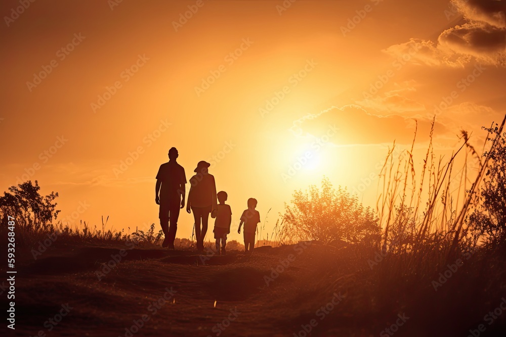 Happy Family, Holding Hands at the Sunset: Enjoying the Healthy Lifestyle Together. Generative AI