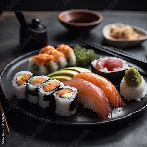 A Fresh and Flavorful Japanese Delicacy: Plate of Sushi with Raw Fish, Rice, Seaweed, Soy Sauce, and Wasabi: Generative AI