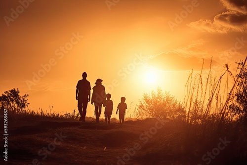 Happy Family, Holding Hands at the Sunset: Enjoying the Healthy Lifestyle Together. Generative AI