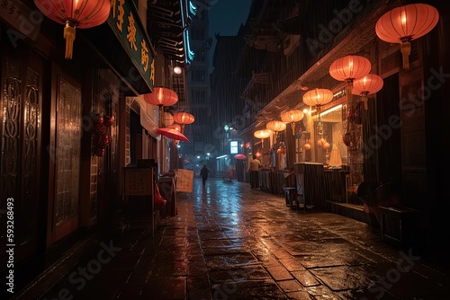 Illuminated Evening: View of a Chinese Street Celebrating the Lunar Year 2023. Generative AI