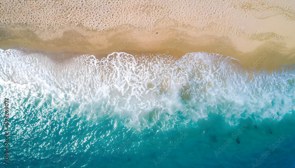 close up of drops on the beach,Ocean waves on the beach as a background. Beautiful natural summer vacation holidays background. Aerial top down view of beach and sea with blue water, Ai generated 