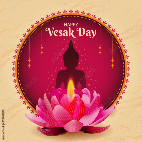 Traditional Happy Vesak Day Square background. Buddha and candle flame golden lotus. Realistic digital graphic. Buddhist festival vector illustration. Website header, invite, promotion, social media