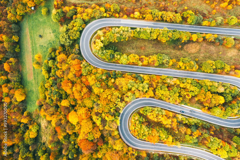 Aerial view of mountain road in forest at sunset in autumn Aerial view of mountain road in forest at sunset in autumn