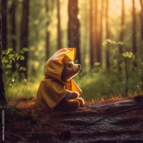 An illustration of an adorable wild bear cub in the forest wearing a yellow rain coat looking upwards, amber sunlight shining through the trees. A.I. Generated.
