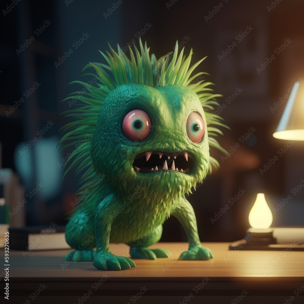 Green hairy alien standing in the living room. Made with Generative AI.