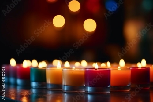 Abstract short candle blur bokeh background. Luxury colorful bokeh background. AI generative