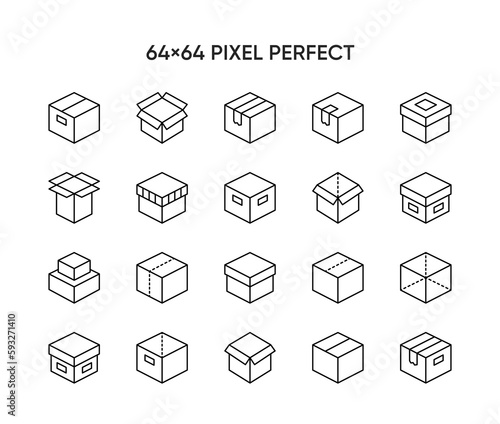 Boxes vector line icons set. Open Box, recycled box, wooden crate.