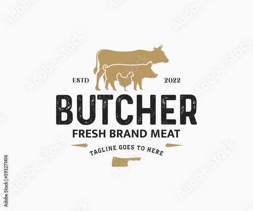 Butcher shop logo design. Meat label template with farm animals. Butchery animals