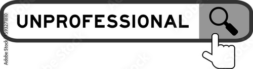 Search banner in word unprofessional with hand over magnifier icon on white background