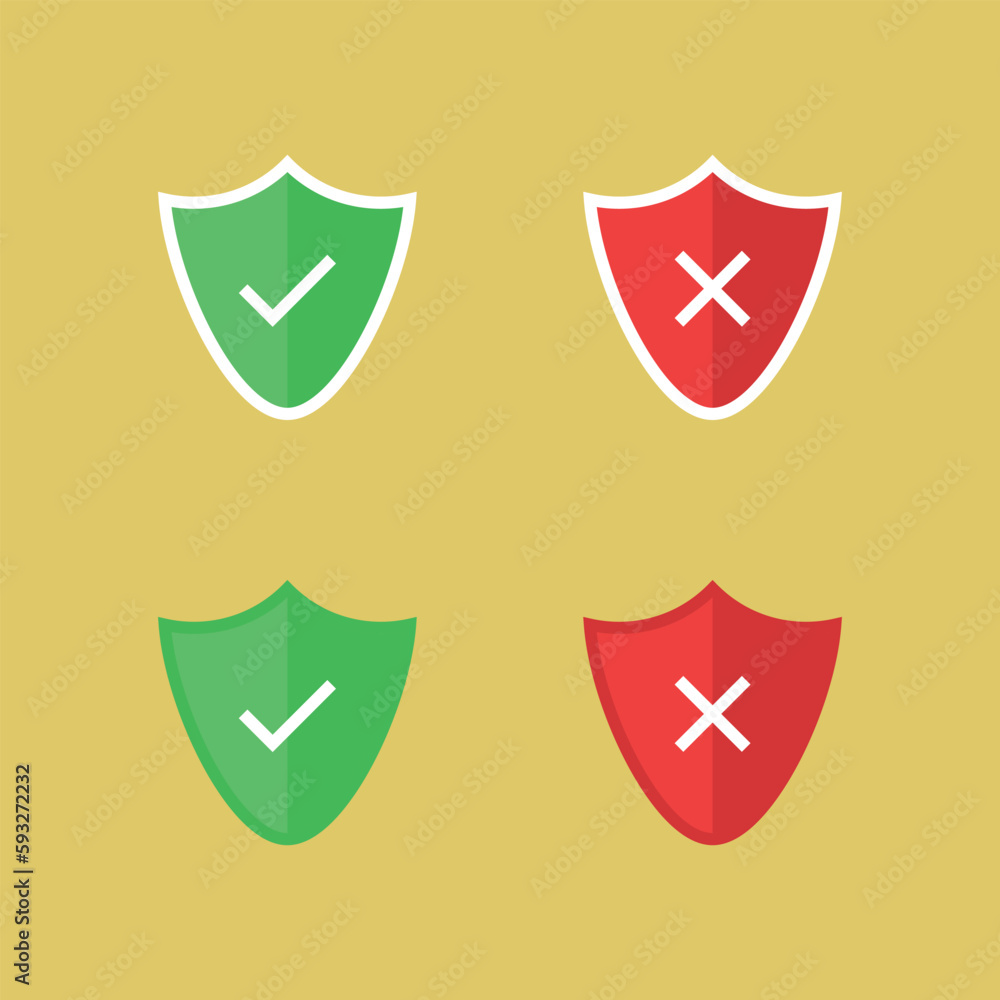 Shields with check and cross mark vector icon on yellow background