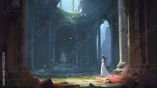 Girl standing in the ruins of the destroyed city (3), Digital Art Style, Generative AI