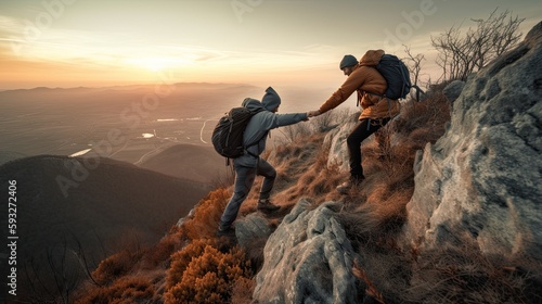 Couple Joining Hands to Reach Success: Hiking a Mountain at Sunset as Teamwork & Leadership Exercise. Generative AI © AIGen