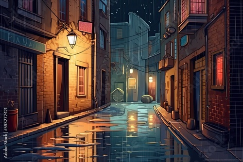 Dark City Alley at Night: An Old Scene with Colorful Cartoon Houses and Garbage in the Rain - AI Illustration For Your Design: Generative AI