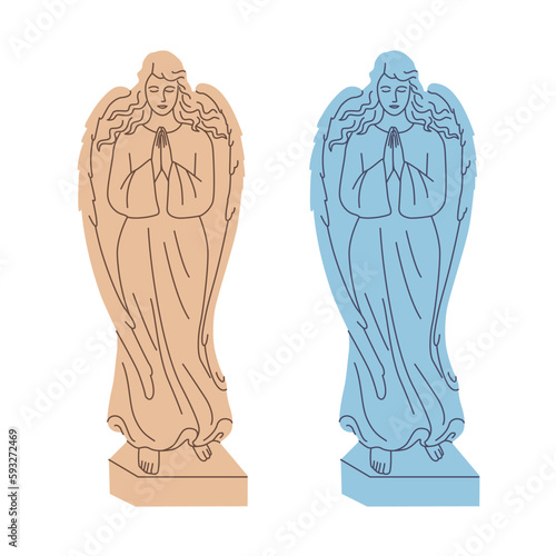 Marble sculptures of religious sorrowful angels vector illustration. Two color statues with wings on a white background. Cartoon flat drawing of angels who folded their hands for prayer