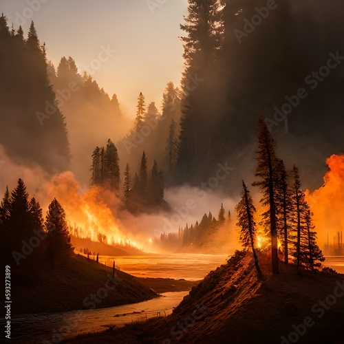 Ein brennender Wald, der von Einem großen Feuer erfasst wurde. Die Flammen sind hoch und hell und reichen bis in den Himmel. Der Himmel selbst ist von dichten Rauchschwaden bedeckt. sehr realsitisch N