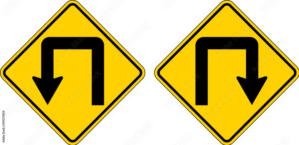 Warning Sign, Double Right, Double Left,Turn Symbol On White Background Warning Sign, Double Right, Double Left,Turn Symbol On White Background