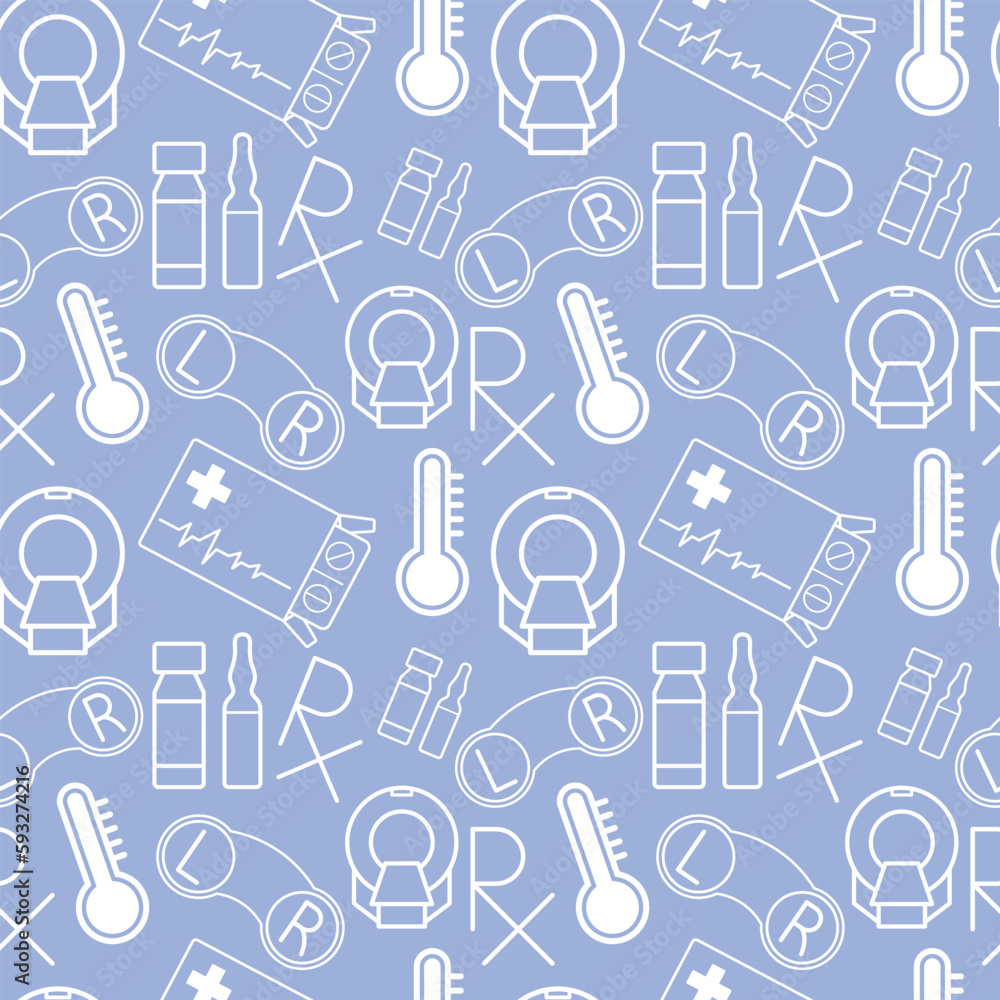medical pattern with elements of thermometer, mrt, pills in a box, contact lenses, recipe logo and ampoules medical pattern with elements of thermometer, mrt, pills in a box, contact lenses, recipe logo and ampoules
