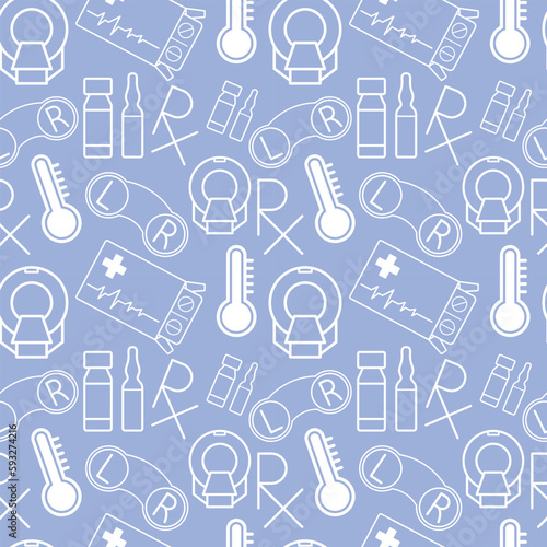 medical pattern with elements of thermometer, mrt, pills in a box, contact lenses, recipe logo and ampoules