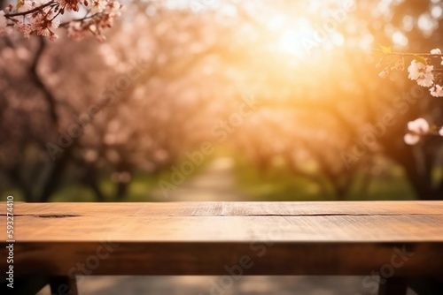 Spring background with empty wooden table. AI generative