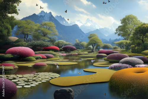 lake in the park garden whit butterfly