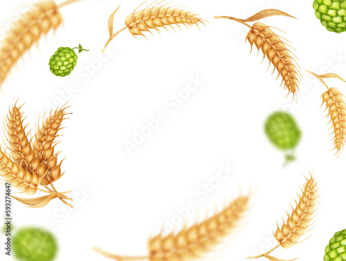 Hops and wheat, barley falling on white background. Beer ingredients. Beer hop cones reallistic vector illustration. photo