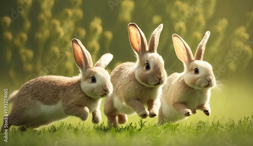 Cute little rabbits running on grass field yard in the morning with sunlight, enjoy lovely and happiness, bunny in fresh environment spring seasons, with Generative Ai.
