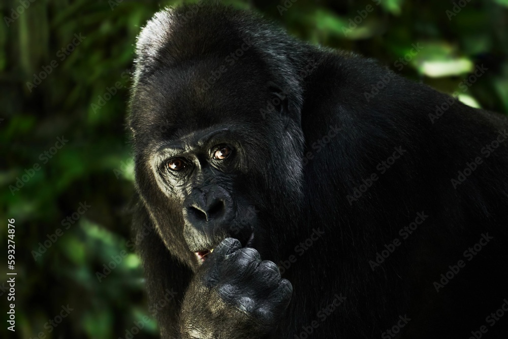 Portrait of a Gorillas eating with blur background in the zoo Portrait of a Gorillas eating with blur background in the zoo