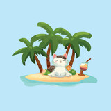 cute cat Enjoy summer sunbathing on a small island under coconut tree while drinking iced juice