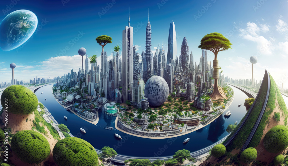 Obraz premium Futuristic friendly ecology mega city buildings and towers, green environment city center metropolis, forest and garden in midtown, greenery skyscraper, Sustainable nature with Generative AI