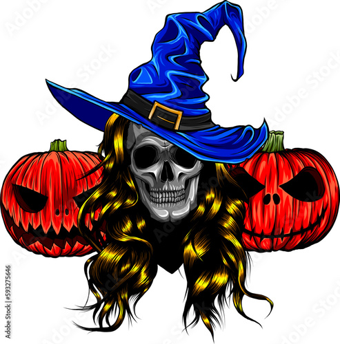 vector illustration of skull witch with pumpkin on white background