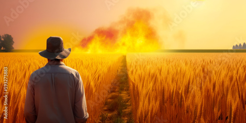 Fire accident in wheat field. Agriculural summer disaster. Generative AI. © Vadim