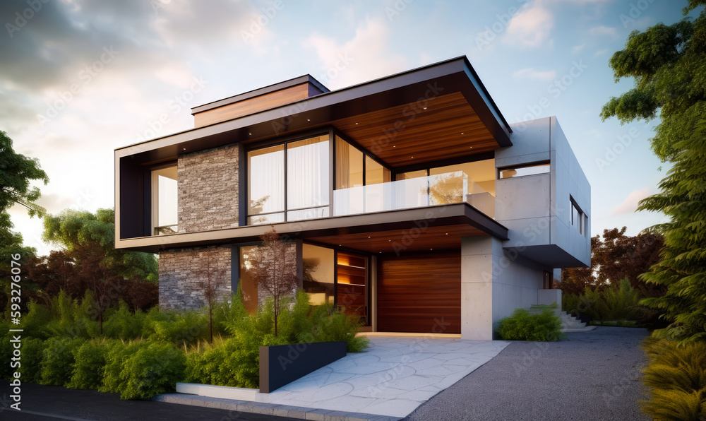 Beautiful landscaping house. Modern cozy house with parking and green facade. Generative AI.