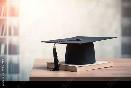 Blurred Background with Education and Graduation Concept. Library, Table, Graduation Hat, and Diploma