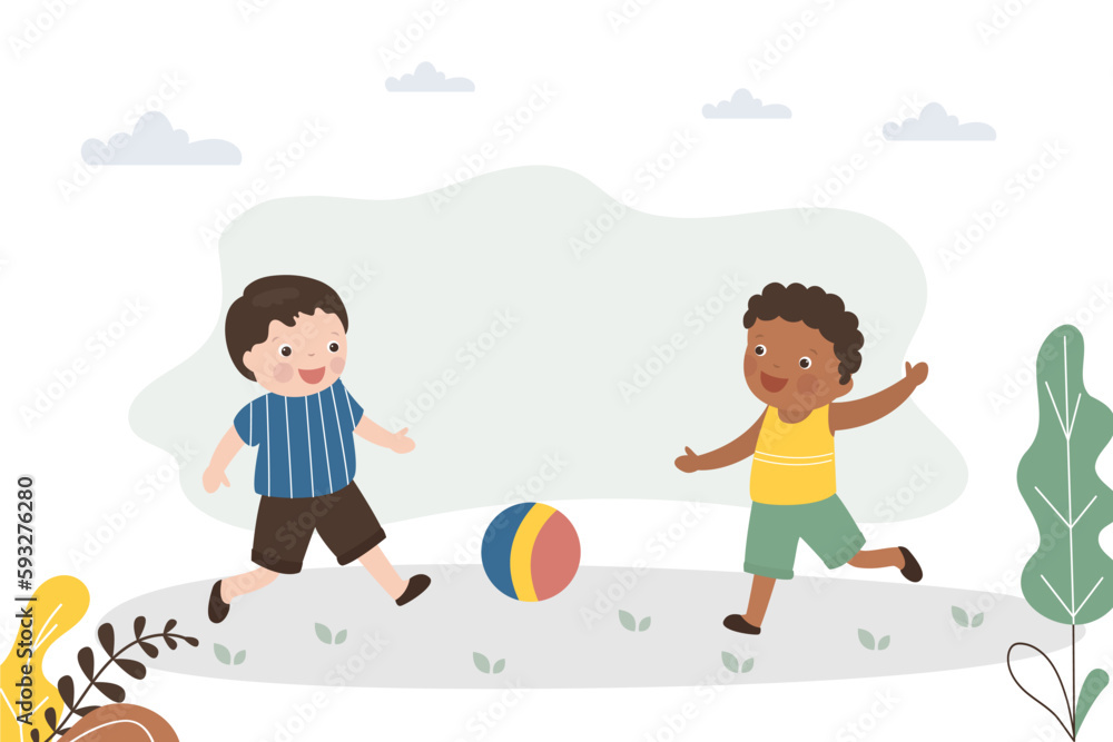Happy boys playing ball. Multiethnic preschool boys play football.  Excited children enjoying playing outdoors. Childhood active leisure, entertainment and playtime