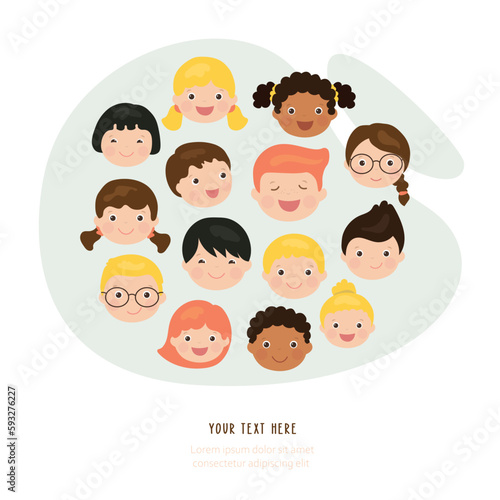 Portraits of boys and girls of different nations and races. Multi-ethnic children close-up. Faces of various kids. Friendship of peoples, happy childhood. Poster, place for text