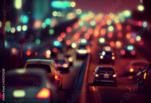 Blurred, car traffic jam with city bokeh light. blurry. Defocused. Generative AI