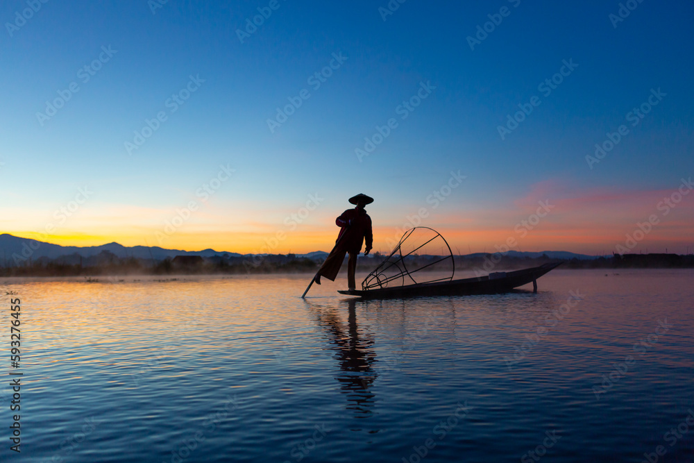 Mandalay, Myanmar, November 22, 2016: fishermen who go out fishing in mandalay, inle lake