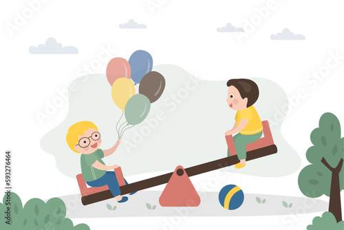 Happy children have fun playing swings. Cute kids having fun on swing in playground. Small preschool boys talking. Childhood