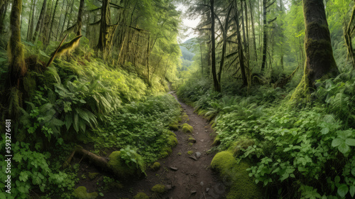 A small hiking path running inside a beautiful green forest between the trees as a symbol for outdoor activity. Generative AI.