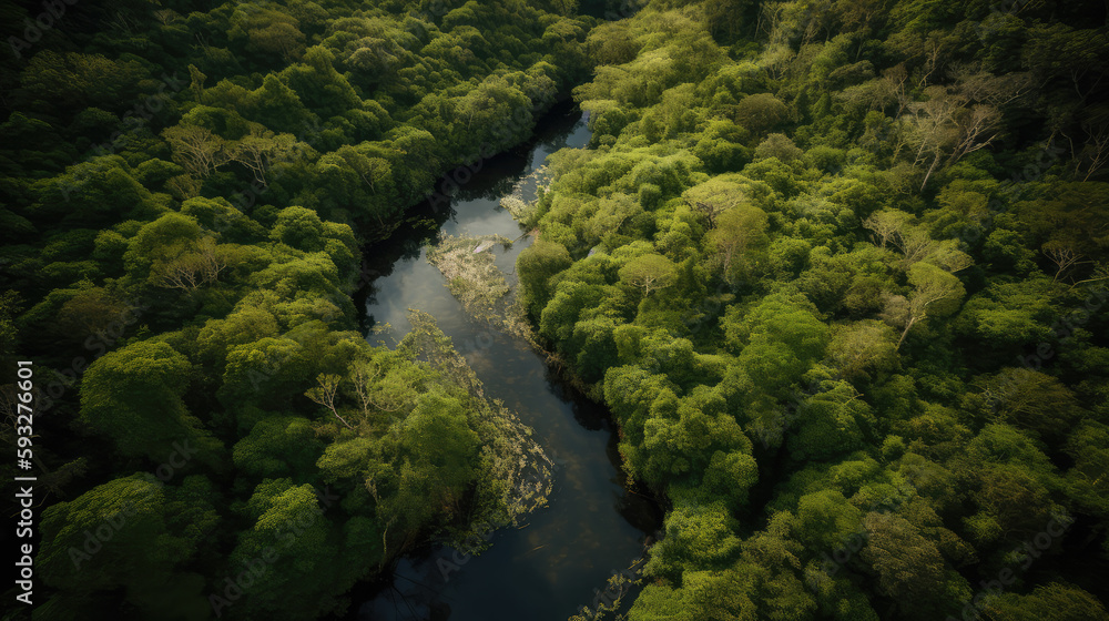 Small river meandering between the green trees of a beautiful forest. Top down drone shot. Generative AI. Small river meandering between the green trees of a beautiful forest. Top down drone shot. Generative AI.