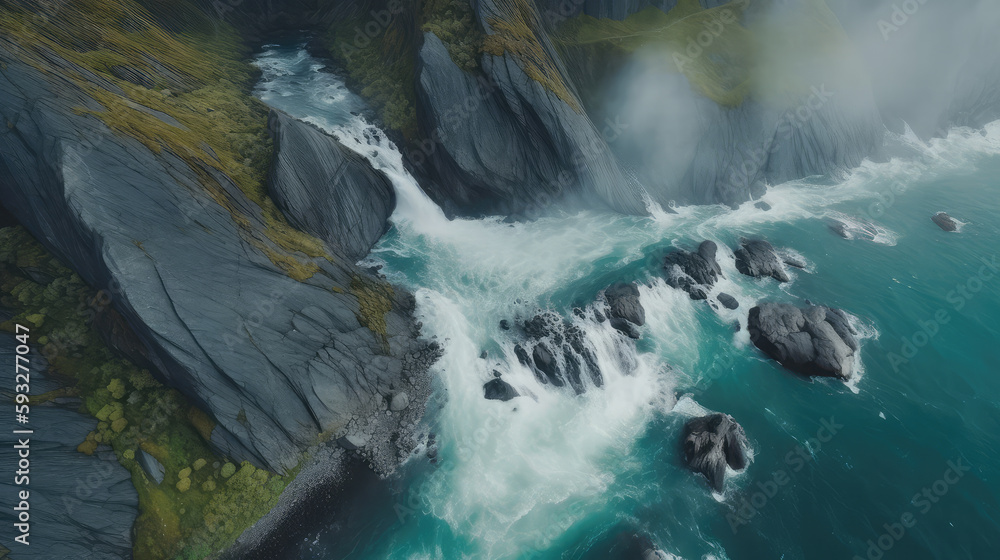 Very large waterfall at the side of a mountain and the ocean as a dronshot. Generative AI.