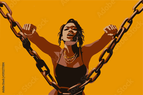 Black woman frees herself from chains. For Juneteenth Freedom Day, Remembrance of the Slave Trade and its Abolition, black history month or keti koti. Vector in African colors, yellow, green and red. 