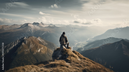 Single male hiker on top of a mounatin in front of an impressive and beautiful landscape. Generative AI.