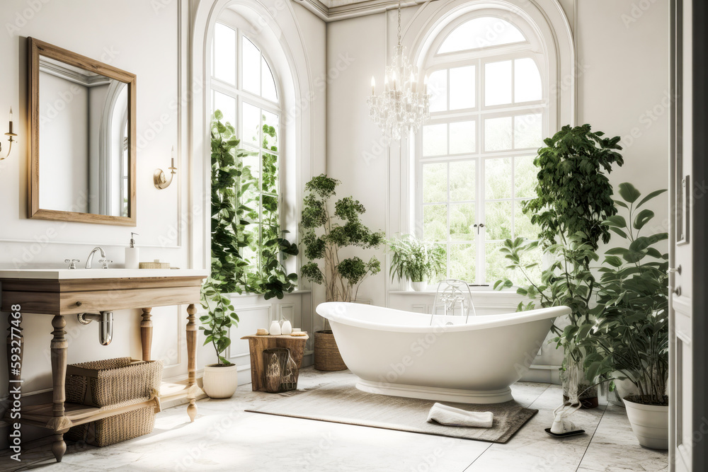 Fototapeta premium Stunning luxurious classical styled bathroom with a white tub, sink, chandelier and green plants. High quality generative ai