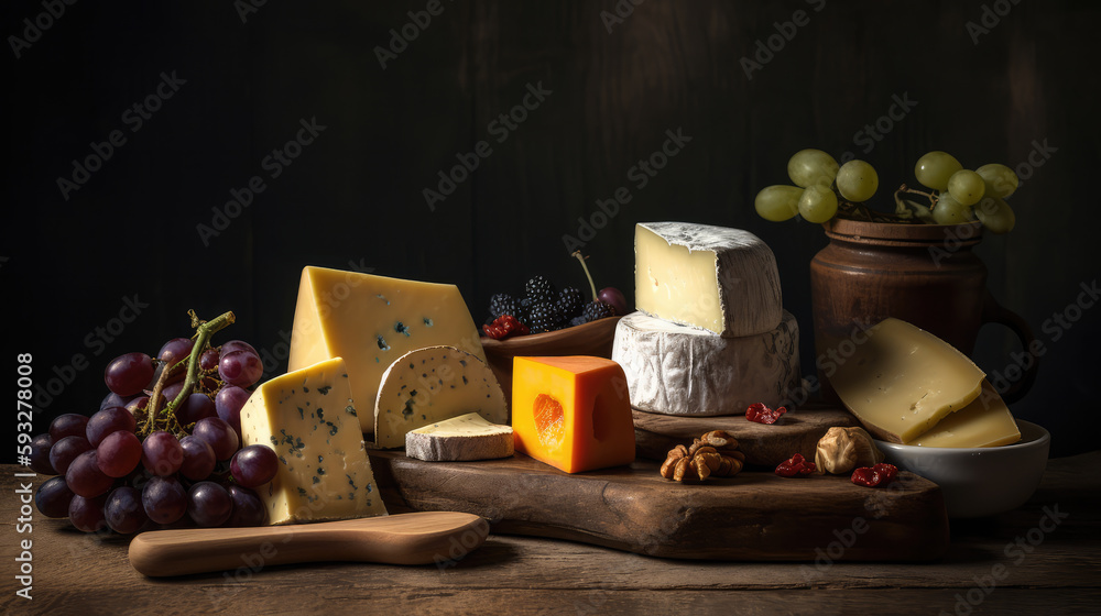 Different types of cheese lying on a wooden ols table on a buffet. Generative AI.
