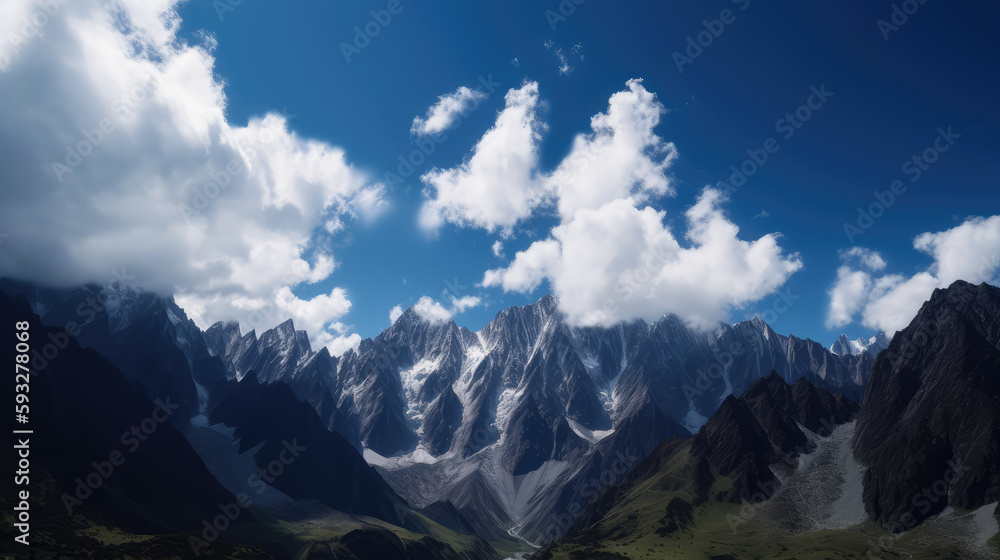 Beautiful landscape shot of a mountain chain wth some fluffy white clouds over it in the sky. Generative AI. Beautiful landscape shot of a mountain chain wth some fluffy white clouds over it in the sky. Generative AI.