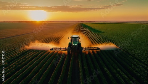 A tractor sprays an agricultural field with fertilizer on a sunset evening. Drone view. Illustration by Generative AI.