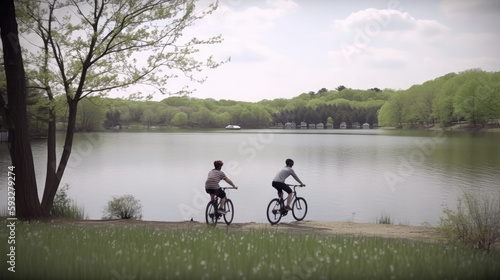 Two people driving with their mountain bikes at the riverside of the lake. Generative AI.