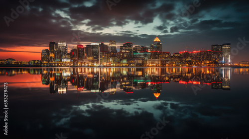 Beautiful skyline of a mega city in the evening with a lake in front. Generative AI.