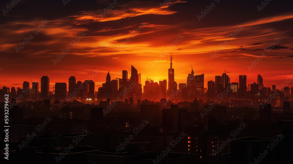 Sundowner behind the skyline of a big city with warm orange light. Generative AI.